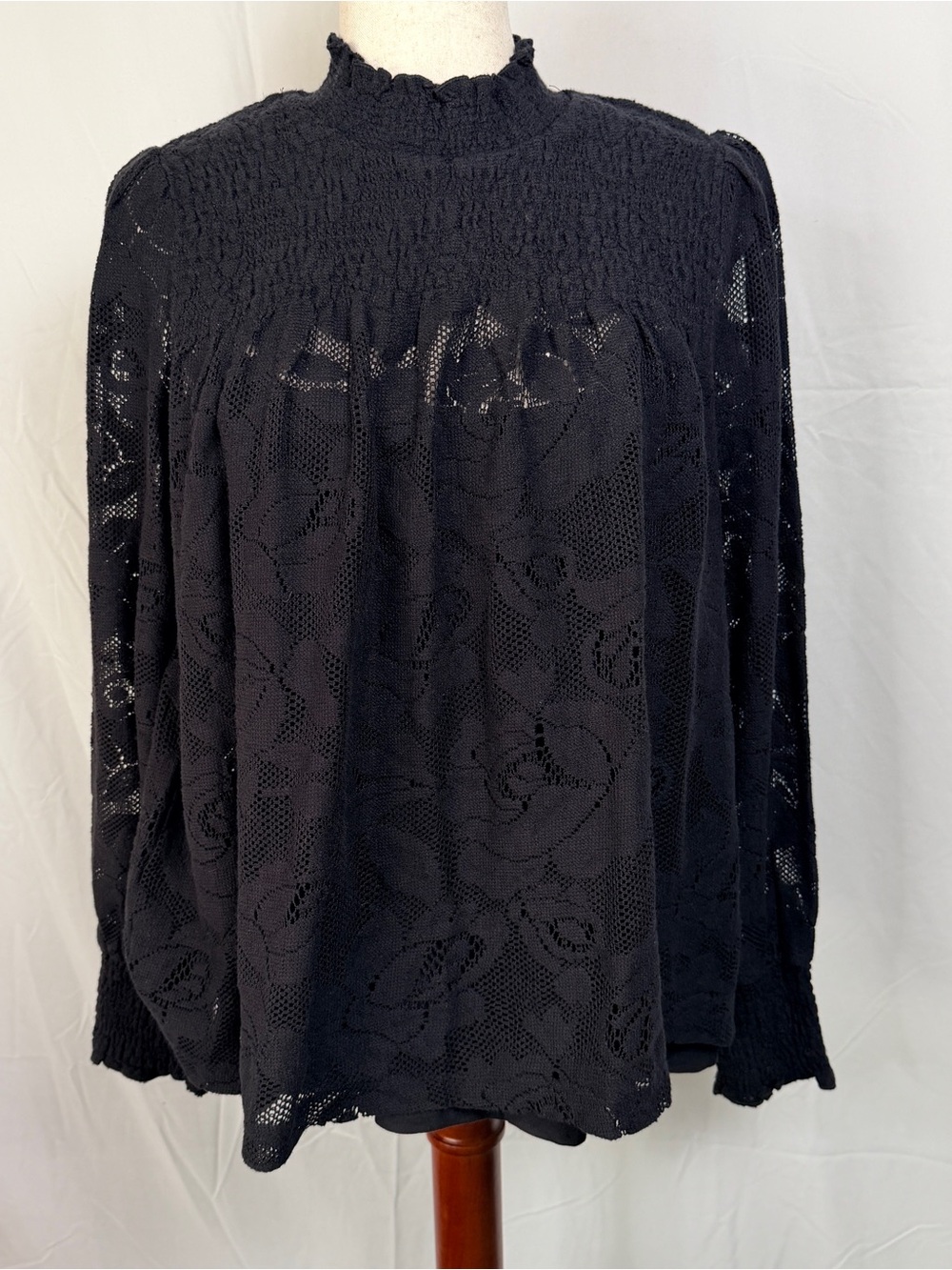 Sundance Black Floral Lace Smocked Yoke Long Sleeve Top dark romantic, whimsy,